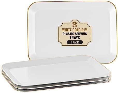 3 Pack Plastic Serving Trays for Party - White and Gold Serving Tray 8 by 11 in - Heavy Duty Dessert Trays for Food - Rectangular Party Serving Trays, Gold Platters