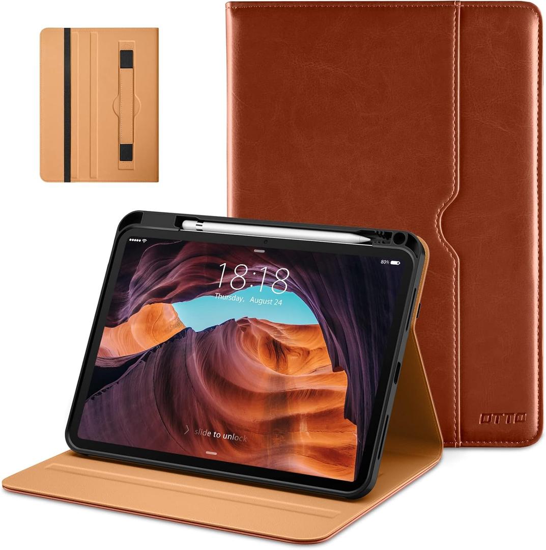 DTTO for iPad (A16) 11th Generation Case 11 Inch 2025, iPad 10th Generation Case 10.9 Inch 2022, Premium Leather Business Folio Stand Cover with Pencil Holder - Auto Wake/Sleep, Brown