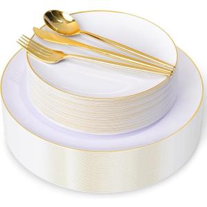 I00000 150PCS White and Gold Plastic Plates with Disposable Silverware for 30 Guests,Nice Disposable Plates,White Plastic Plates Set Include 30 Dinner Plate,30 Dessert Plate,90 Gold Cutlery for Party, Large