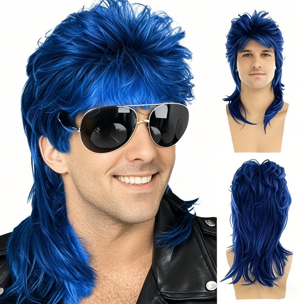Sallcks Mens Mullet Wigs Blue Curly 70s 80s Retro Cosplay Costume Wig Rocker Disco Fancy Show Wigs - Blue