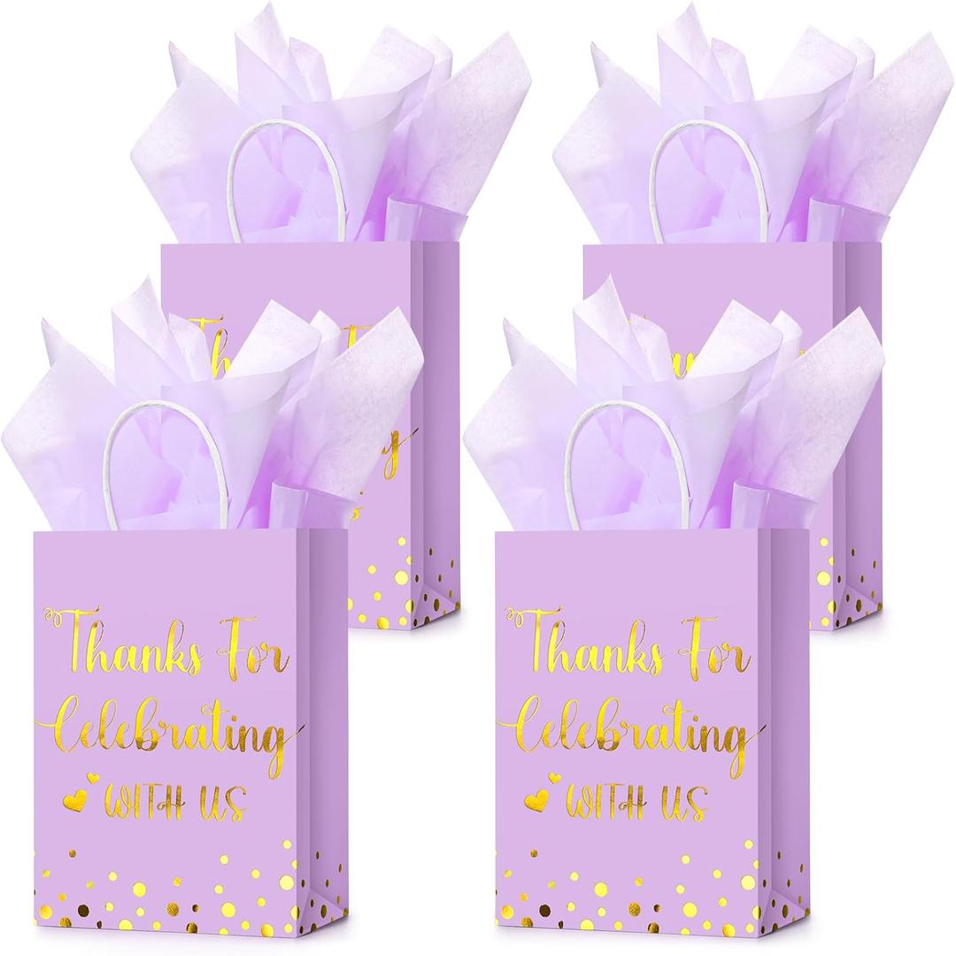 TaoBary 24 Pcs Wedding Gift Bag with Tissue Paper Thanks for Celebrating with Us Paper Bags with Handle for Hotel Guests Wedding Gift Favor for Bridal Shower Party(Light Purple)