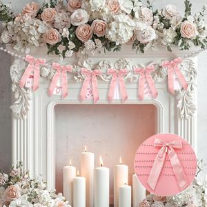 Oudain Bows Garland with Pearl for Wedding Coquette Party Decorations, Bachelorette Birthday Party, Bow Decor Banner for Bridal Shower Favors Supplies Engagement Supplies(Pink,Silk)