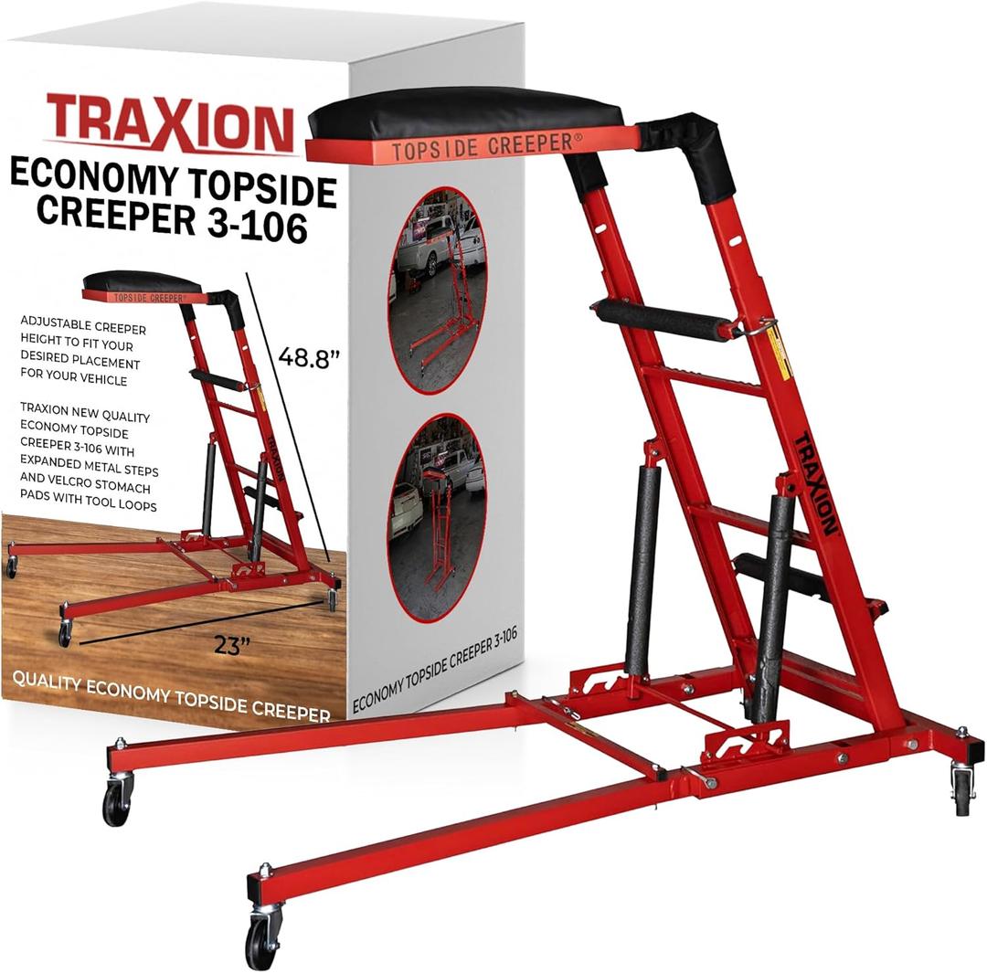 Traxion New Quality Economy Topside Creeper 3-106 with expanded Metal Steps and Velcro Stomach Pads with Tool Loops (Red)