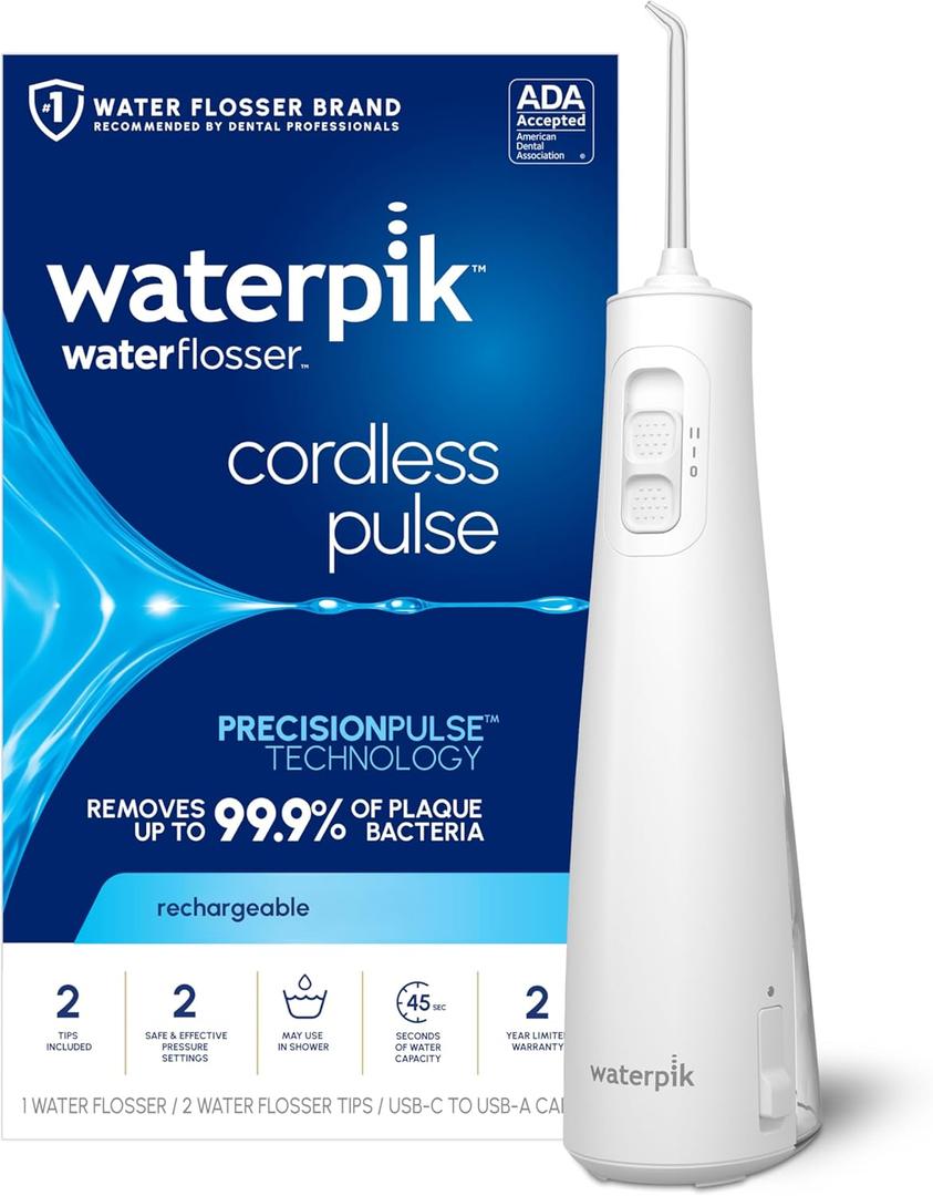 Waterpik Cordless Pulse Rechargeable Portable Water Flosser for Teeth, Gums, Braces Care and Travel with 2 Flossing Tips, Waterproof, ADA Accepted, WF-20 White, Packaging May Vary