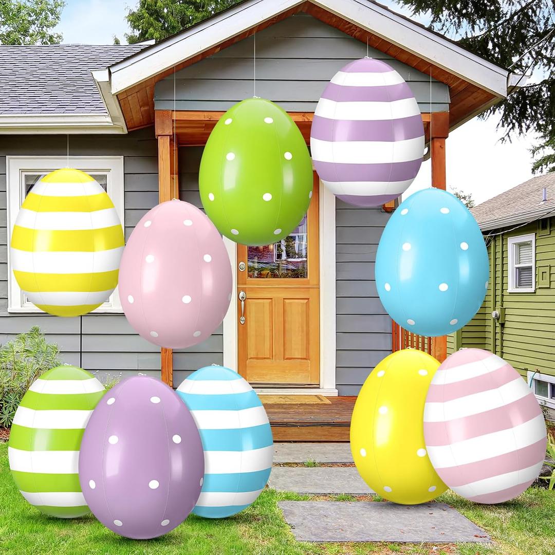Leyndo 10 Pack 16 Inch Inflatable Easter Eggs Decorations Easter Inflatables Outdoor Decor Colorful Large Eggs Inflatable Blow up Ornaments for Yard Garden Lawn Outdoor Spring Party Supplies
