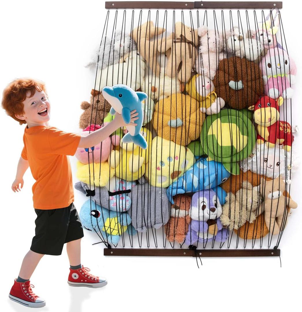 Qiannhee Extra Wide Stuffed Animal Hammock ,29" Kids Corner Toy Organizer Net, Solid Wood Wall Hanging Storage for Plush Toys, Create Zoo Display in Bedroom, Nursery & Playroom (Brown)