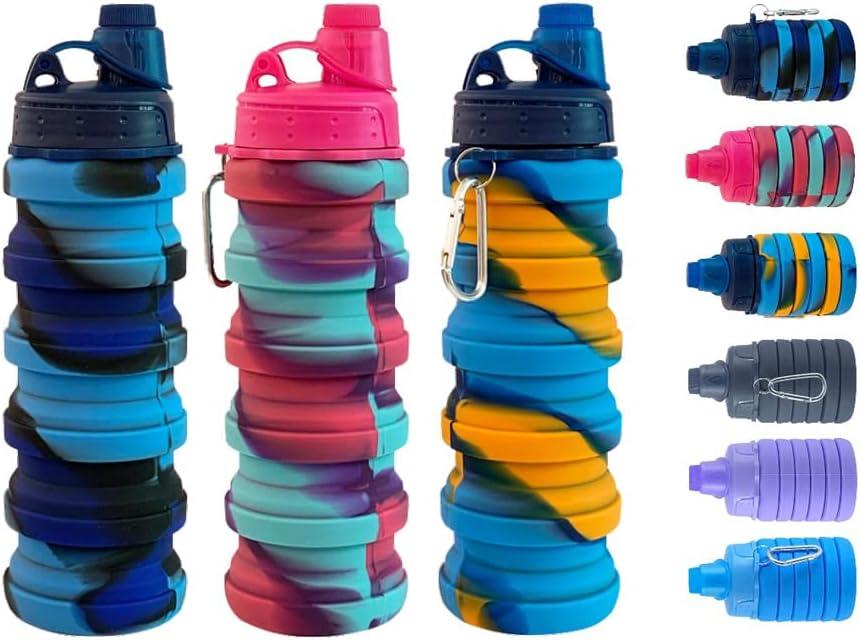Collapsible Water Bottles 3 pack Travel Water Bottle Portable Hiking Water Bottle with Leak proof Twist Cap 500ML Reusable BPA Free Silicone Water Bottles with Carabiner. (Colorful)