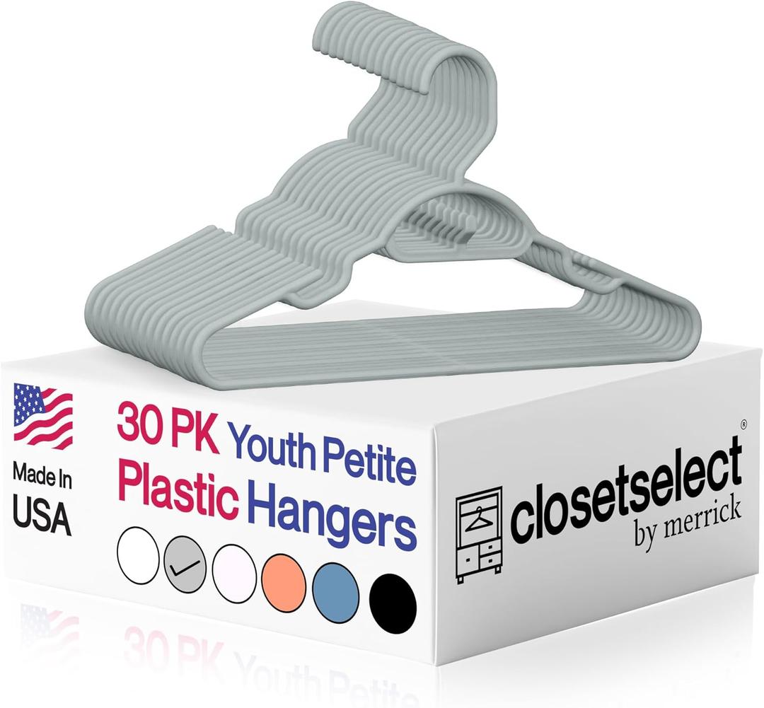 30 Pk Grey Youth Petite Plastic Hangers for Children Clothes Sizes 8 to 12, Petite, Preteen, Junior, 30 Pack (Grey)