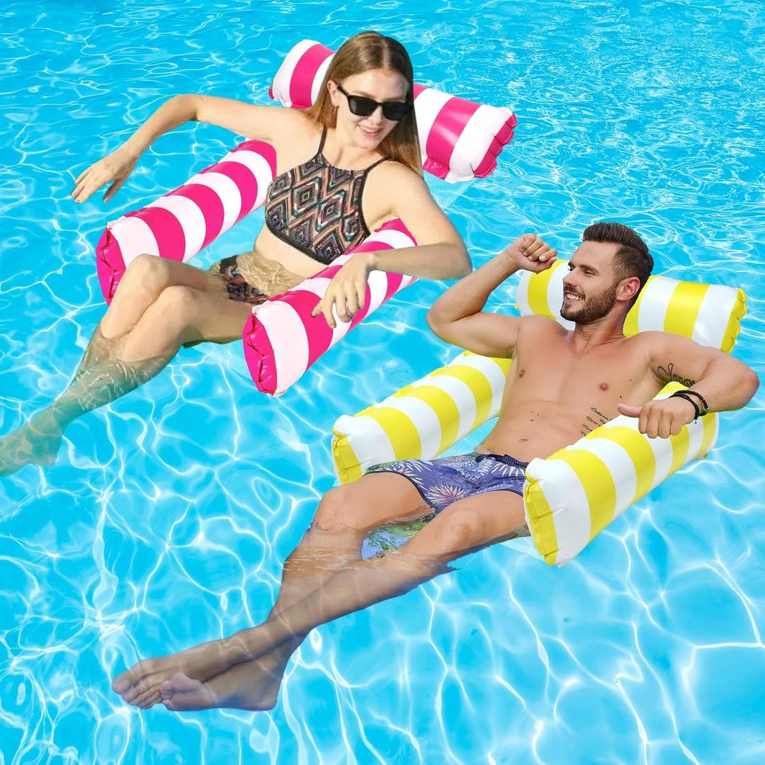 2 Pack Inflatable Pool Floats 4-in-1 Pool Hammock with Bottom Mesh 3 Tubes Inflatable Hammock for Adults,Portable Floating Chair Bed for Travel, Swimming Pool Hot Tub (Yellow+Pink)