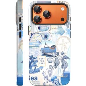 Compatible with iPhone 17 Pro Max Case 6.9, Cute Patterns Shockproof Protective Aesthetic Phone Case with Stylish Designs for Women Girl, Vintage Seashell Ocean Blue Collage