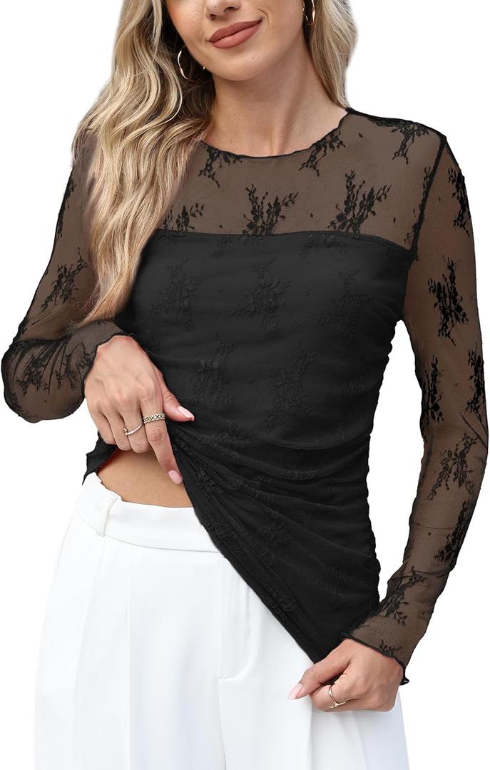 XIEERDUO Women's Sexy Sheer Long Sleeve Tops Crew Neck Mesh Ruched Going Out Shirts Blouse Date Night Outfits (Black, XS)