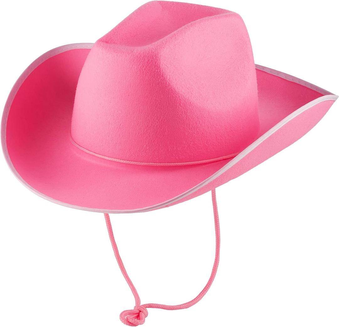 Bedwina Pink Cowgirl Hat for Women & Girls - Felt Western Cowboy Hat with White Trim & Adjustable Chin Strap - Bachelorette, Dress-Up, Rodeo, Costume Accessory, Party Favor, Themed Events (Pink)