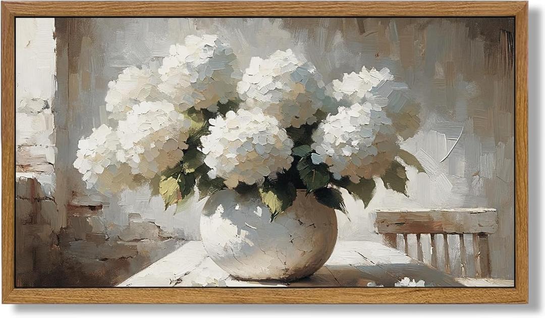 Aroutde White Hydrange Framed Canvas Wall Art, Hydrangea Floral Wall Decor for Bedroom Vintage Hydrangea Flower still life Paintings Botanical Wall Art for Living Room Bedroom 18''x10'' (17.5L" x 7.1W")