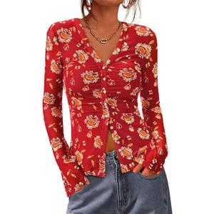 BTFBM Button Down Shirts for Women 2026 Spring Boho Tops V Neck Long Sleeve Blouses Ruched Mesh Fitted Fashion Clothing, size XXL