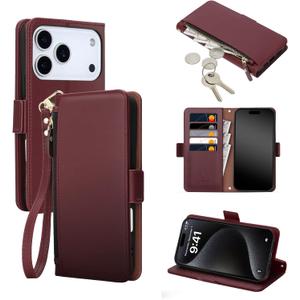 COBEAR for iPhone 17 Pro Max Case Wallet, Pu Leather Flip Phone Case with Wrist Strap, Zipper Pocket, Kickstand, Women Men Phone Wallet Case with Card Holder for iPhone 17 Pro Max,Wine Red
