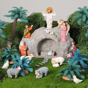 RoundFunny 29 Pcs Easter Resurrection Scene Set Jesus Nativity Scene Figures Including Jesus Empty Tomb Cross Angels Mary Sheep Dove Rabbit Tree Dry Moss Religious Christian for Easter Table Decor