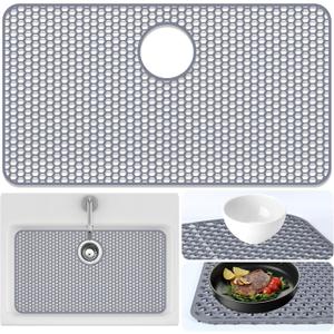 Sink Protectors Mat - 28.3"x15.55" Kitchen Sink Pad for Bottom of Basin for Protection of Stainless Steel and Tableware, Farmhouse Rubber Basin Mat Protector with Rear Drain - Light Gray