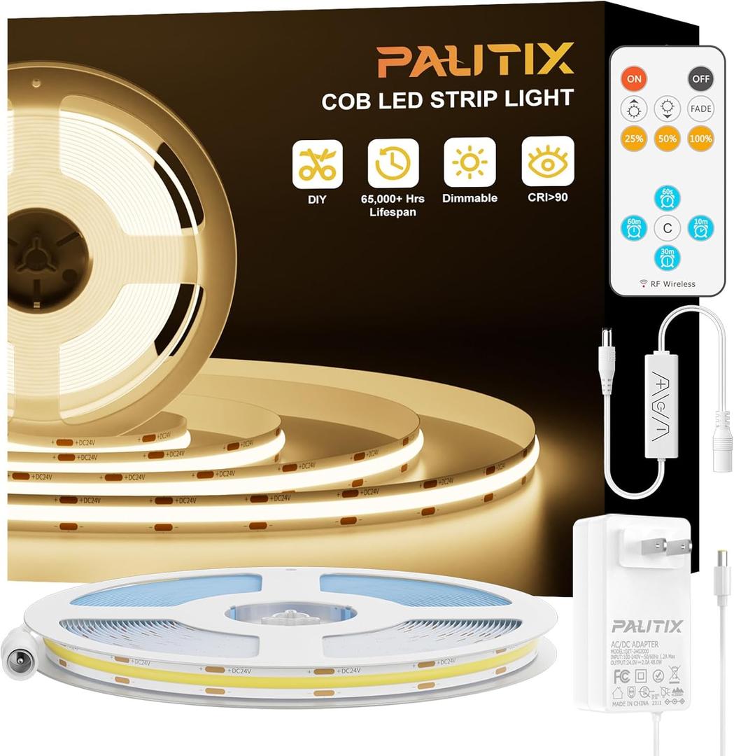PAUTIX COB LED Strip Light 16.4ft,Engineering Level UL Listed Warm White 3000K,CRI93+ Super Bright High Lumen,Dimmable 24V Flexible LED Tape Light with RF Remote,for Cabinets,Home&Office DIY Lighting
