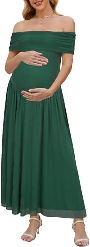 OUGES Women's 2025 Off The Shoulder Mesh Maxi Maternity Dress for Photoshoot Baby Shower Sleeveless Formal Long Dresses Size Medium