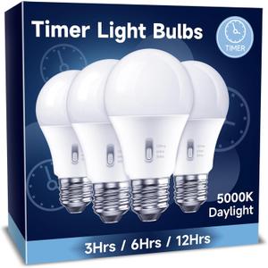 UNILAMP Timer LED Light Bulbs 4 Pack, 13W (100W Equivalent) LED Bulb, Built-in Automatic Timer, 5000K Daylight A19, Automatic On/Off Security Light Bulb