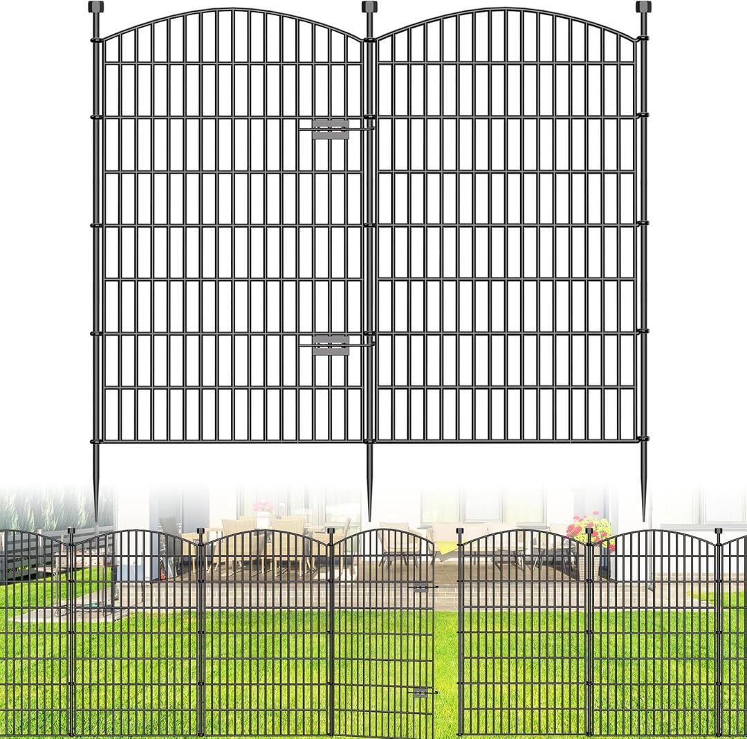 10 Panels No Dig Decorative Garden Fence with Gate - 48 in (H) x 22.6 ft (L), Dog Fence Outdoor for Yard, Rustproof Metal Animal Barrier Ground Stakes Fencing for Garden, Patio, Flower Bed