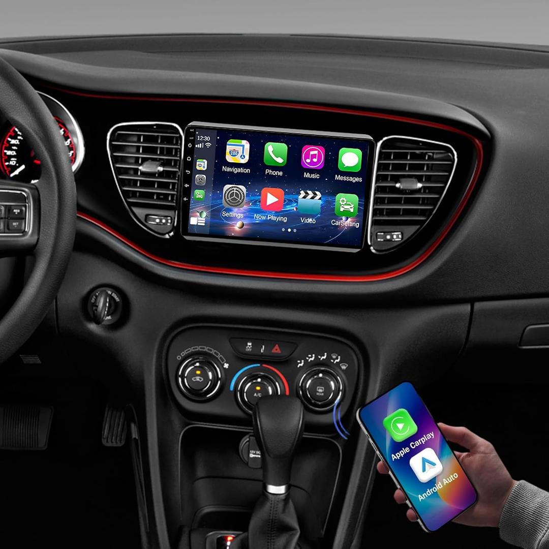 Car Radio for Dodge Dart 2012 2013 2014 2015 2016 with Wireless Carplay Android Auto,9'' HD Touchscreen Car Stereo with WiFi,GPS Navigation,Bluetooth,FM/RDS Radio,SWC,Mic +AHD Rear Camera