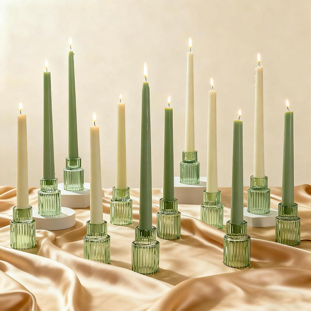 Green Glass Taper Candle Holders Set of 12, Small Tapered Candlestick Holders in Bulk, Modern Short Candle Sticks for Dining Table Centerpiece Wedding Christmas Party & Holiday Decorations