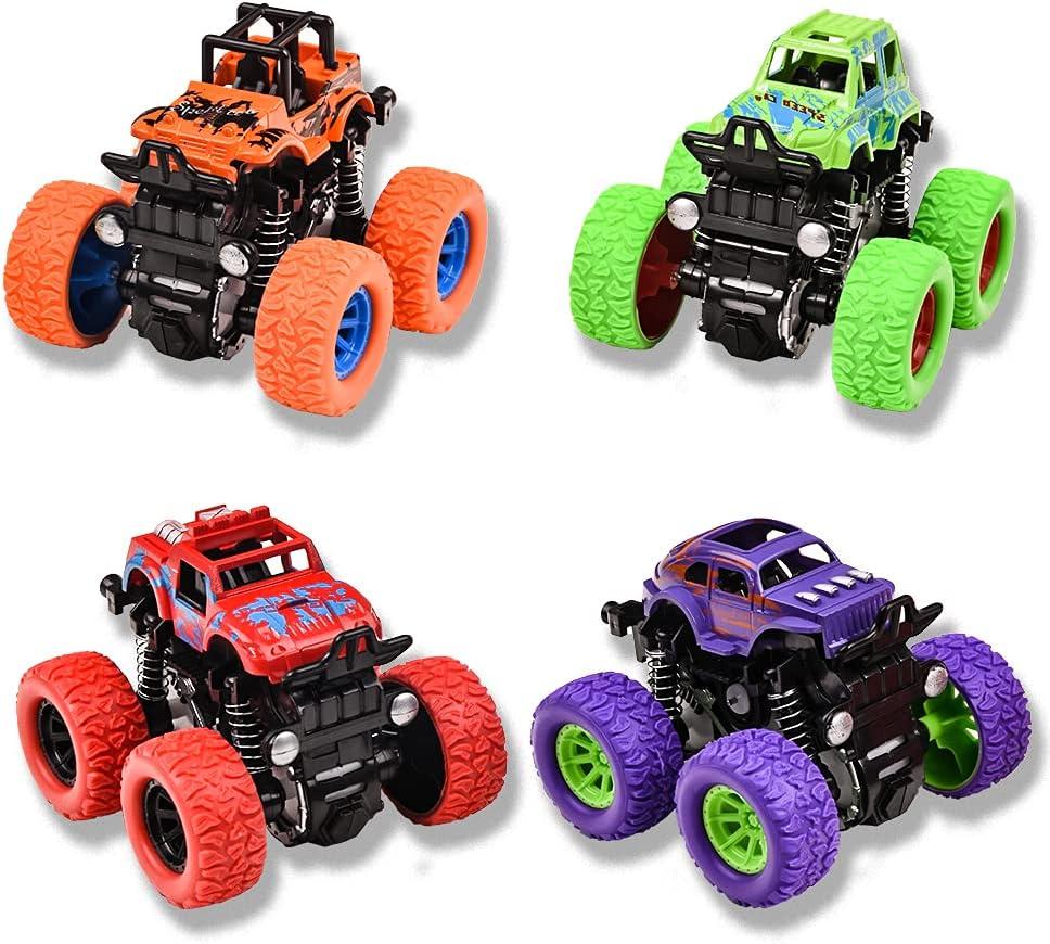 Monster Trucks for Boys, 4 Pack Pull Back Vehicles Cars for Toddlers, 360 Rotation 4 Wheels Drive Durable Friction Cars Powered Push and Go Toys Truck Playset Gift for 3 4 5 6 7 8 Year Old Kids Girls