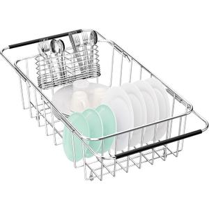 Fanbsy Small Dish Drainer Rack in Sink Adjustable, Expandable Stainless Steel Metal Dish Drying Rack Organizer with Stainless Steel Utensil Holder Over Inside Sink Counter, Rustproof(for 1-2 People)