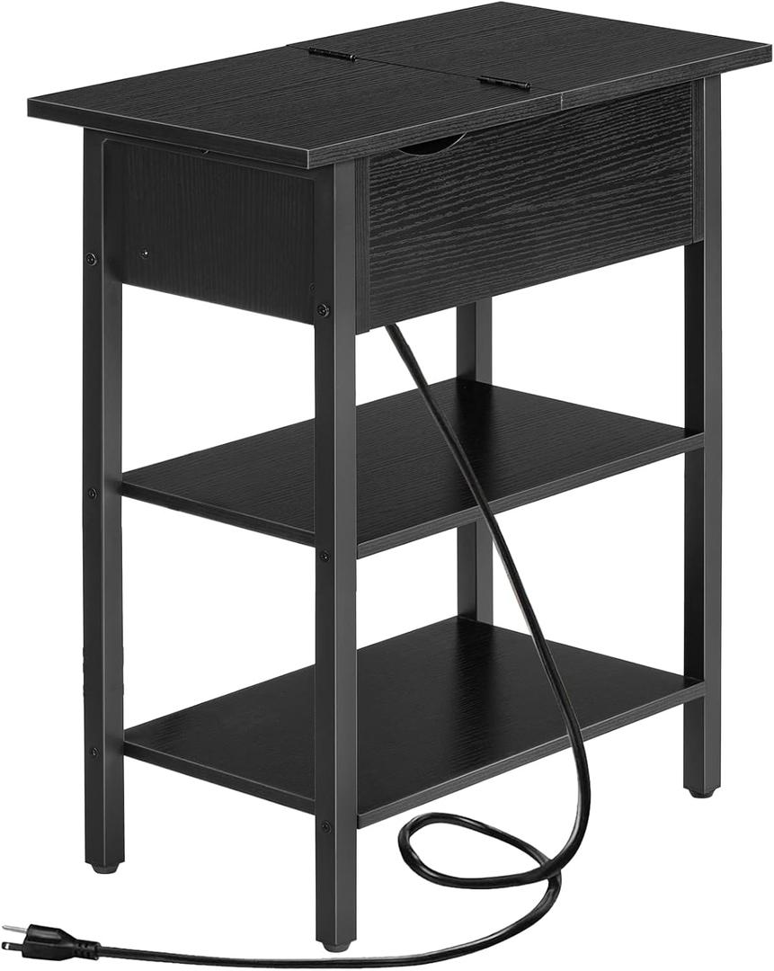 HOOBRO Side Table, Flip End Table with Charging Station and Shelves, USB Ports & Power Outlets, Narrow Nightstand for Small Spaces, Stable and Sturdy, for Living Room, Black BK341BZ01