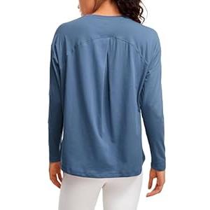 CRZ YOGA Pima Cotton Long Sleeve Workout Shirts for Women Loose Fit Crew Neck Yoga Athletic Tops Casual Fall Shirt Ink Blue, Medium