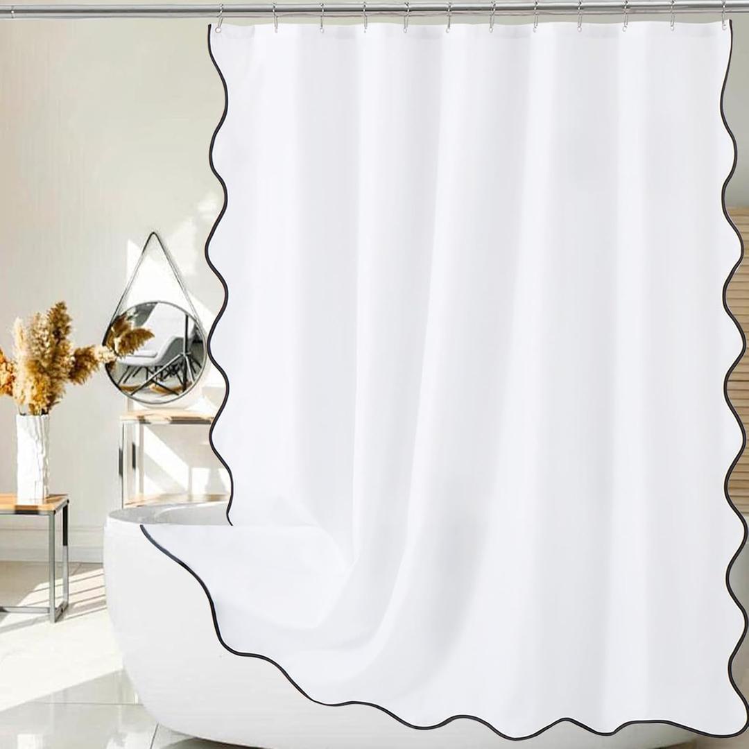 ORTIGIA White Shower Curtain with Black Scalloped Edge, Black and White Shower Curtains Cute Aesthetic Pretty Preppy Waterproof Fabric Bath Bathroom Decor with Metal Hook 72 W x 72 H Inch