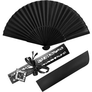 Silk Folding Fans, Black Classic Handheld Fan 8.2in Small Hand Held Bamboo Fabric Chinese Vintage Hand Fans with Case for Dance, Performance, Wedding, Cosplay, Decorations, Party Favor, Gift (1PCS)