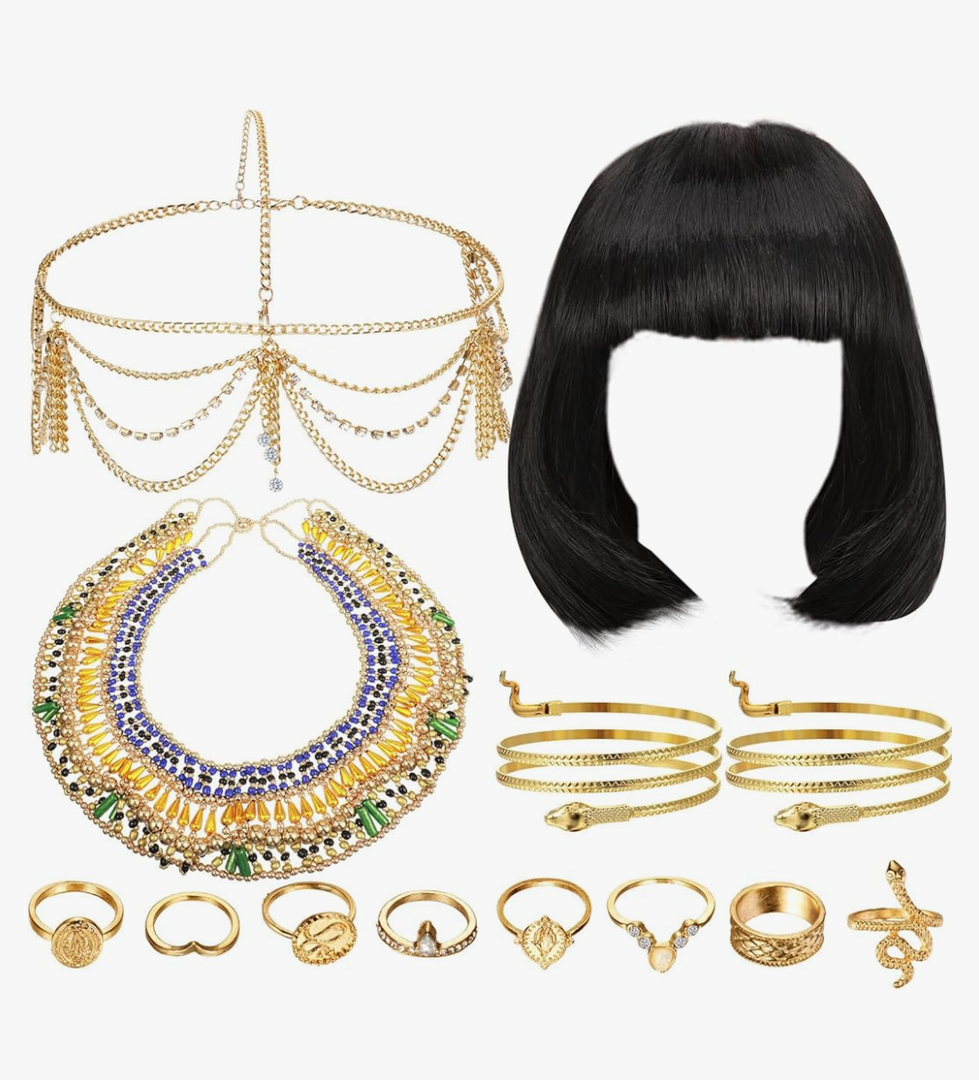 Ecally 13 Pcs Halloween Egyptian Headpiece Costume for Women Jewelry Accessories Short Black Bob Wigs Tassel Head Chain Snake Arm Cuff Collar Necklace Finger Rings for Party Supply