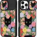 Funermei for iPhone 16 Pro Case - Women Girls Cute Phone Cover Girly Pretty Aesthetic Black Cat Floral Flower Unique Design with Camera Cover Funda for Apple for iPhone 16 Pro