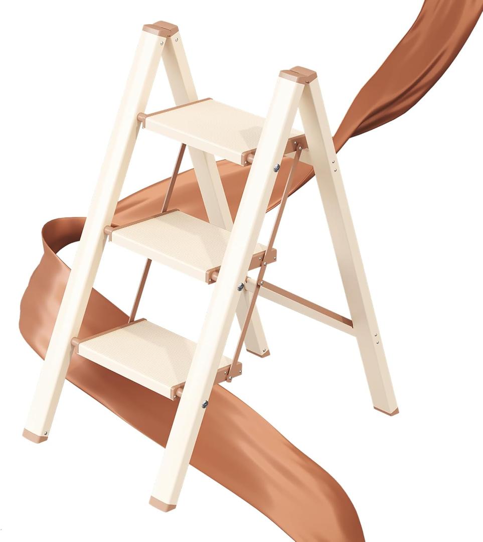 GameGem 3 Step Ladder, Folding Step Stool with Wider Pedal, Anti-Slip Feet & Non Slip Stripes, Aluminum Sturdy Material, 300Lbs Capacity, Elegant Look of Cream Chocolate Better Matches Your Home