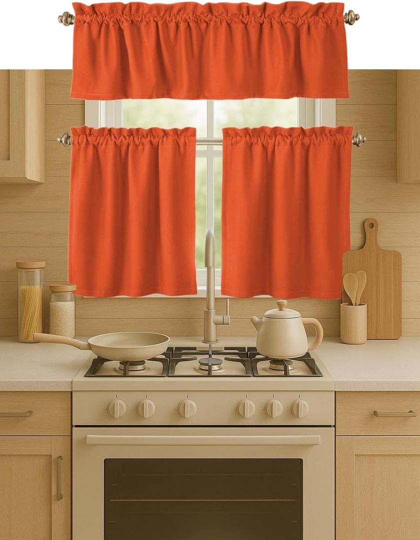 3 Piece Window Curtain Set, 100% Cotton, 2 Tiers 26x36 Inch & 1 Valance 54x18 Inch, Semi Sheer, Rod Pocket, Short Curtains for Kitchen, Café, Living Room, Bathroom, Bedroom, Orange