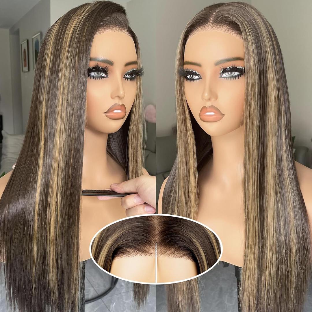 BLL Highlight Wig, Synthetic Pre Plucked Pre Cut 6x4.5 Lace Front Wigs for Black Women 26inch 4/30 Brown Blonde Highlights Honey Brown Straight Wigs Beginner Friendly