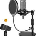 Mic Stand Desk Adjustable Desktop Microphone Stand with Stable Metal Base, Shock Mount, Pop Filter, Mic Clip, and Mic Adapter for AT2020, HyperX QuadCast, Blue Yeti, Shure SM58