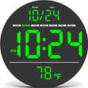 Digital Wall Clock with Large LED Display, Auto-Brightness, Temperature, Low-Reflectivity, Small Silent Non-Ticking Modern Electric Wall Clock for Bedroom, Living Room, Office, Classroom, Farmhouse (Green)