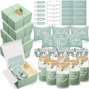 54 Pcs Bridesmaid Proposal Gifts Maid of Honor Gift, Bridesmaid Box Set Include Gift Box Makeup Bag Invited Card Glass Cup Lip Balm Scrunchie Hair Knotted Bracelet for Wedding (Green)