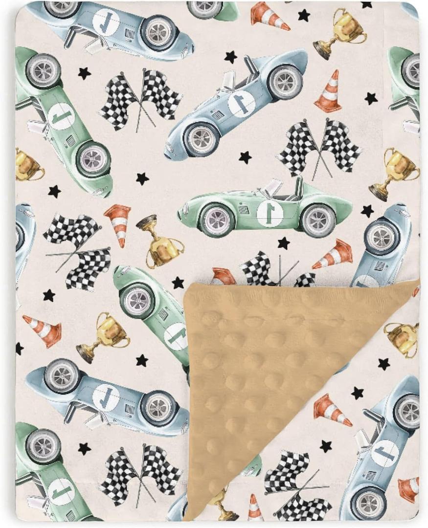 Baby Blankets for Boys 30" x 40", Soft Double Layer Minky Blanket with Dotted Fleece Back, Nursery Bed Receiving Quilt for Newborn Infant Toddler Shower Gift Brown Retro Race Car Theme (Racing)