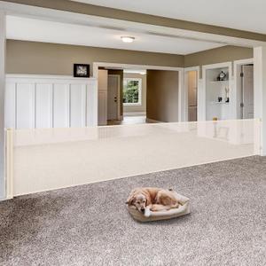 145 Inch Retractable Baby Gates Extra Wide Retractable Dog Gate for Large Openings  Indoor Extra Long Baby Gate Retractable Fence Outdoor Mesh Dog Gate Retractable Pet Gate, Beige