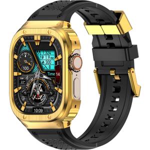 Band with Stainless Steel Case Compatible with Apple Watch Series Ultra 1 2 3 49mm Band, iwatch Bands Rugged Metal Protective Cover for Men (Gold)