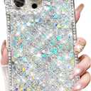 Glitter Bling Case for iPhone 16 Pro Max,Cute Luxury Sparkly Shiny Crystal Diamond Rhinestones Sequin with Camera Protector TPU Bumper Shockproof Women Girls Case for iPhone 16 Pro Max,Silver