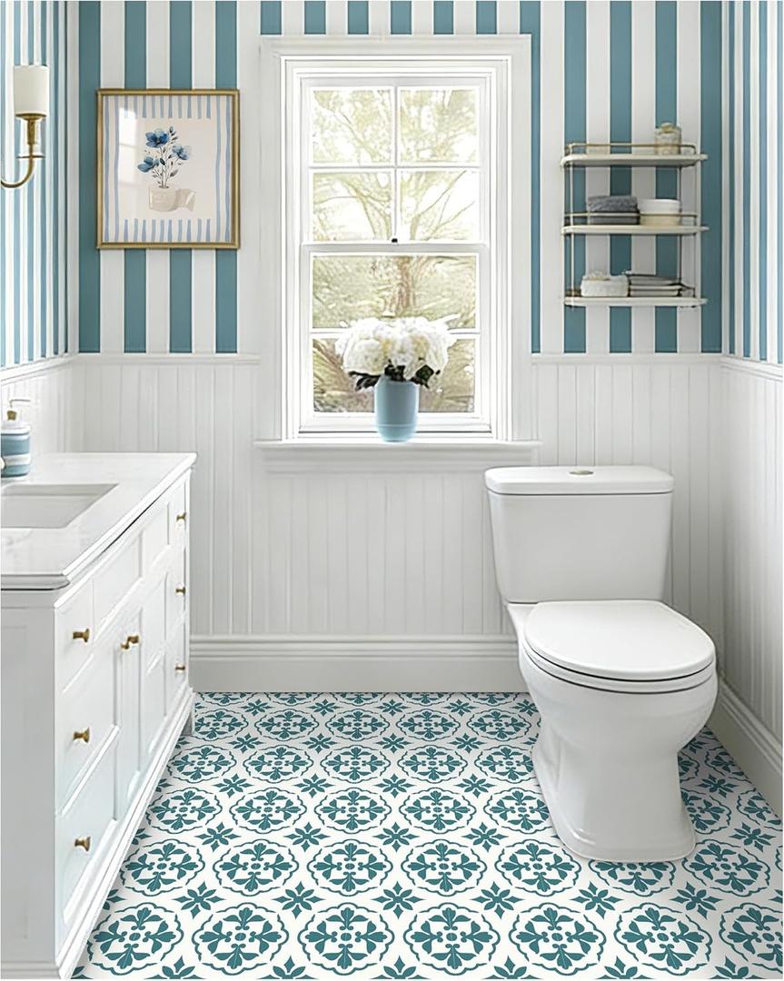 MORCART 7.87" x 7.87" Peel and Stick Floor Tile, 20 PCS Self-Adhesive DIY Vinyl Flooring for Renters, Removable and Waterproof Tile Sticker for Bathroom, Kitchen, Staircase (Blue Spruce Retro Design)