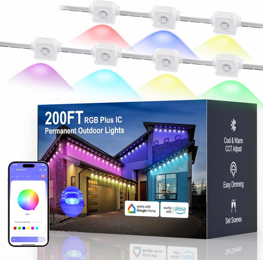Fussion Permanent Outdoor Lights for House 200ft, IP68 Waterproof Outside Lights with 4 Control Methods, Smart RGB Eaves Lighting for Christmas All Holiday Decorations (White)