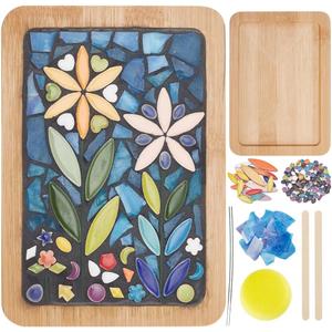 WEBEEDY DIY Mosaic Craft Kit Mixed Color Tree Leaves Ceramic Mosaic Tiles Mosaic Bamboo Coasters Kits for Adults Beginner, with Rectangle Coaster Base for Handmade Mosaic Coaster Home Decor