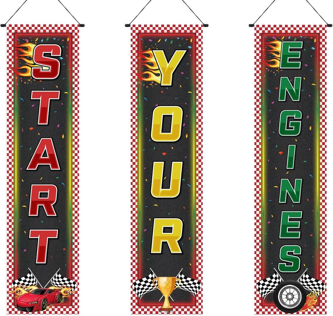 Tiamon 3 Pcs Racing Fans Banners Race Cars Birthday Decor Checkered Hanging Banner Truck Flag for Holiday Gifts Indoor Outdoor Car Game Supplies Indy 500 Party Birthday School Event Decoration