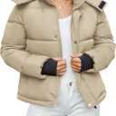 Funlingo Women's Cropped Puffer Jacket with Removable Hood Winter Zip Up Snap Button Warm Trendy Quilted Coat M